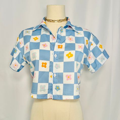 Funky Button Up Shirts Aesthetic, Clothes Aesthetic Colorful, Pastel Cottage Core Outfits, Summer Themed Outfits, Fun Clothes Aesthetic, Patchwork Button Up Shirt, Patterned Button Up, Funky Button Up Shirts, Bright Color Outfits Summer