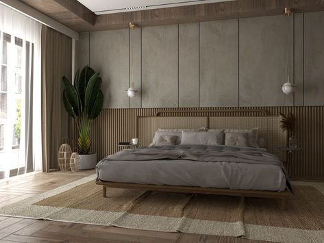 Bohemian interior in neutral colours with raw materials Tropical Modern Bedroom, Bedroom Inspirations Wallpaper, Bedroom No Headboard, Bedroom Inspirations For Small Rooms, Boho Bedroom Design, Bedroom Wall Colors, Bedroom Decor Cozy, White Bedroom Furniture, Woman Bedroom