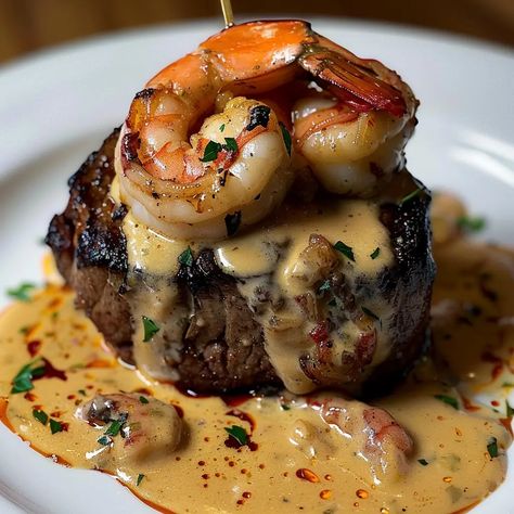 Filet Mignon with Shrimp and Lobster Cream Sauce Gourmet Dinner For Two, Gourmet Dinner For One, Food Recipes For Dinner Healthy Low Carb, Steak With Lobster Topping, Steak With Shrimp And Lobster Sauce, Fine Dining Salmon Recipes, Shrimp For Dinner Recipes, Dinners He Will Love, Steak With Lobster Sauce