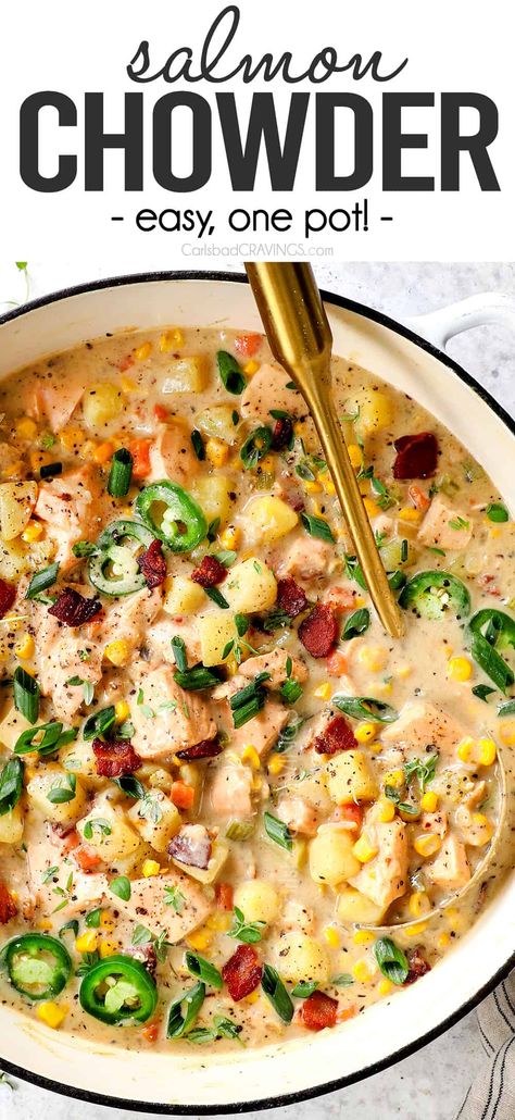 Easy Salmon Chowder + VIDEO (Make Ahead Friendly) Salmon And Corn, Pork Medallion Recipes, Salmon Chowder Recipe, Smoked Salmon Chowder, Buttery Potatoes, Salmon Soup, Creamy Salmon, Salmon Chowder, Pork Medallions