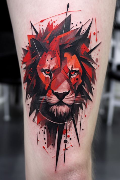 Incredible Tattoos Men, Lion Trash Polka Tattoo, Lion Flames Tattoo, Abstract Lion Tattoo Design, Modern Lion Tattoo, Red Tattoo Aesthetic Men, Red And Black Aesthetic Tattoo, Lion Colour Tattoo, Red Black Tattoo Ideas