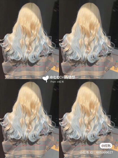 Blonde Hair Light Blue Highlights, Unique Hair Dye Ideas Blonde, Blue Highlights On Blonde Hair, Blonde Blue Hair, Blonde And Blue Hair, Blonde Ombre Hair, Κούρεμα Bob, Korean Hair Color, Hair Inspiration Long