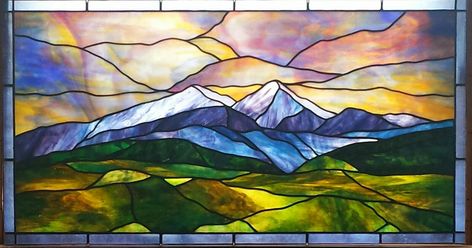 Stained Glass mountains/sky Stained Glass Tattoo, Antique Stained Glass Windows, Stained Glass Studio, Stained Glass Quilt, Stained Glass Patterns Free, Stained Glass Paint, Glass Art Projects, Stained Glass Flowers, Stained Glass Diy