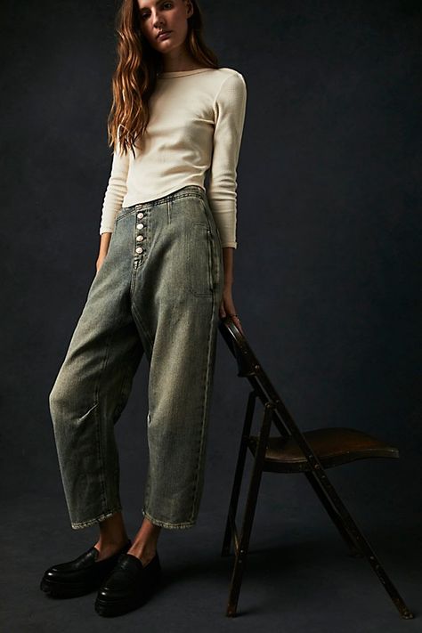 So cool and slouchy, these essential jeans from our We The Free collection are the perfect wear-everywhere pair. **Fit:** Low-slung, slouchy tapered silhouette with cropped inseam **Features:** Exposed button fly closure, oversized pockets, harem-inspired silhouette **Why We | We The Free Osaka Jeans at Free People in Light Wash, Size: 25 Appropriate Outfits, Mom Clothes, Oversized Pockets, Sporty Sneakers, Womens Denim, Mommy Style, Embellished Jeans, Edgy Style, Casual Winter Outfits