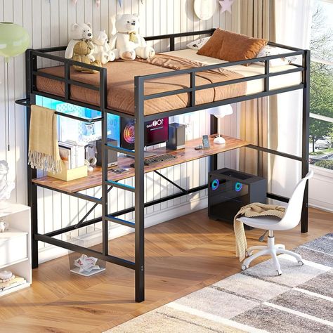 Loft Bed Twin Size with Desk, Metal Twin Loft Bed with Desk, LED Lights, Charging Station(2 USB Ports, 2 Outlets) Twin Size Loft Bed Frame with Guardrail & Ladder for Kids Teens Adults 【Twin Loft Bed with Desk and Outlets】Maximize space with this… Desk Led Lights, Twin Loft Bed With Desk, Loft Bed Twin, Bed Twin Size, Desk Metal, Loft Bed With Desk, Led Beds, Floating Bed Frame, Loft Bed Frame