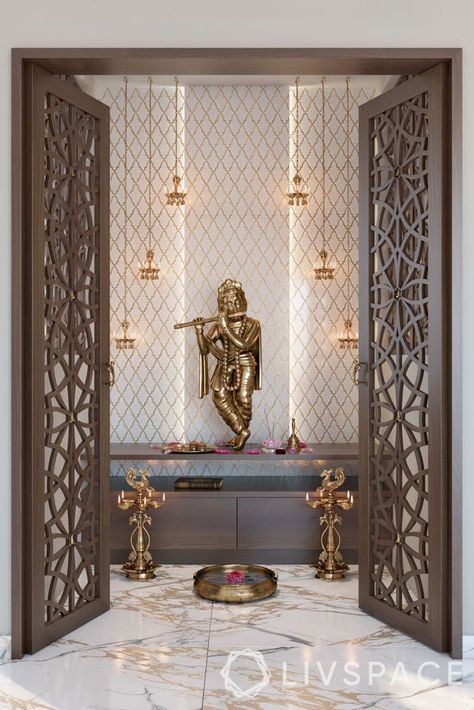 How to Set Up Your Pooja Room for the First Time Mandir Door Design For Home, House Mandir, Mandir At Home, Mandir With Door, Jaali Door, Temple At Home, Pooja Stand, Mandir Door, Mandir Designs