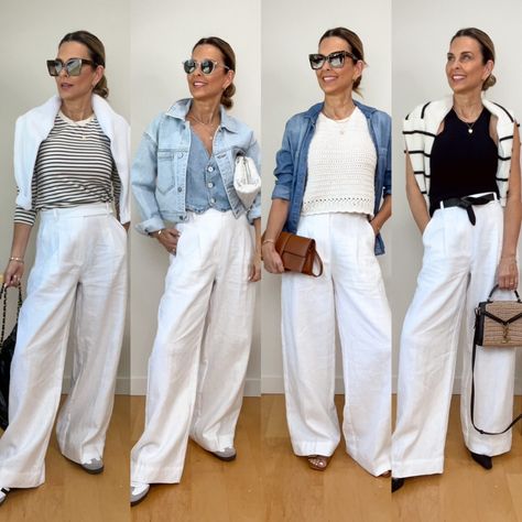 How To Style Linen Pants – Her Fashioned Life White Pants Outfit Linen, How To Style White Linen Pants, Wide Linen Pants Outfit, White Linen Pants Outfit Summer, White Linen Trousers Outfit, Wide Leg Linen Pants Outfit, How To Wear Linen Pants, White Wide Leg Pants Outfit, How To Style Linen Pants