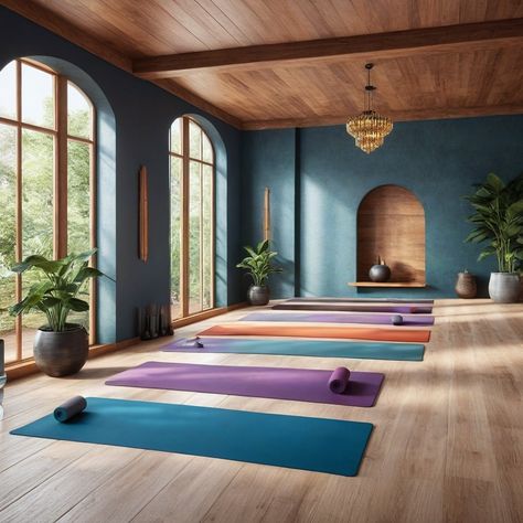 Namaste in this beautiful yoga room! Filled with natural light and warmth, this inviting space boasts wood floors and rolled up yoga mats ready for you to begin your practice. Would you practice yoga in this room? Let us know in the comments! Yoga Studio Flooring, Blue Yoga Studio, Yoga Basement, Colorful Yoga Studio, Basement Yoga Space, Office Yoga Room Combo, Outdoor Working Space, Yoga Guest Room, Yoga Room Ideas Home