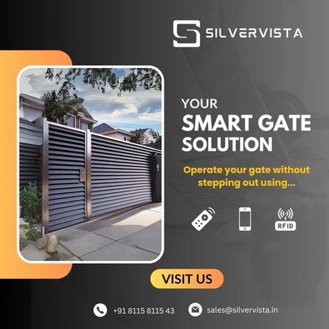 🚀 Elevate your home's security and convenience with Silvervista's Smart Gate Solution! 🚪🔒  Experience the ultimate in modern gate automation!  ✨ Visit us to learn more and transform your entrance today! ✨  📞 +91 8115 8115 43 📧 sales@silvervista.in  #SmartGate #HomeAutomation #GateAutomation #Silvervista #SmartHome #Security #Convenience #Innovation #ModernLiving #TechSolutions #HomeImprovement #SmartLiving Gate Automation, Facebook Post Design, Modern Gate, Metal Gates, Smart Living, Design Posters, Gate Design, Home Automation, Post Design