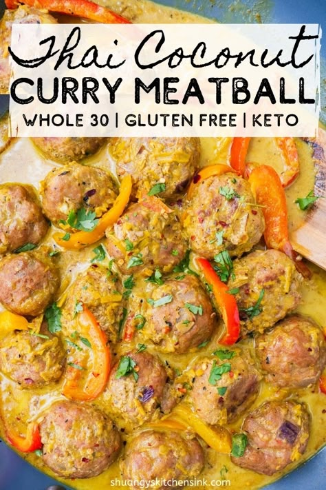 Coconut Curry Meatballs, Coconut Curry Chicken Meatballs, Curry Chicken Meatballs, Comfort Food Healthy, Thai Coconut Curry, Curry Meatballs, Whole30 Dinners, Thai Coconut, Coconut Curry Chicken