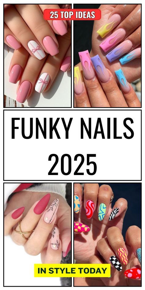 2025 Nail Ideas, Funky Nail Ideas Fun, Creative Nail Designs Unique, Thermal Nails Designs, Fun Gel Nails Ideas, Black Acrylic Designs, Cool Nail Art Designs Unique, Crazy Nail Designs Unique, Funky Almond Nails