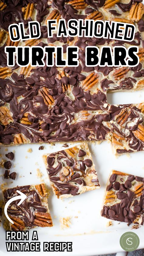 turtle bars in baking dish with sliced squares Valerie Bertinelli Recipes Desserts, Turtle Fudge Recipe, Turtle Bars Recipe, Turtle Cookie Bars, Bar Treats, Turtle Bars, Christmas Cookie Recipes Holiday, Bar Desserts, Snack Cakes