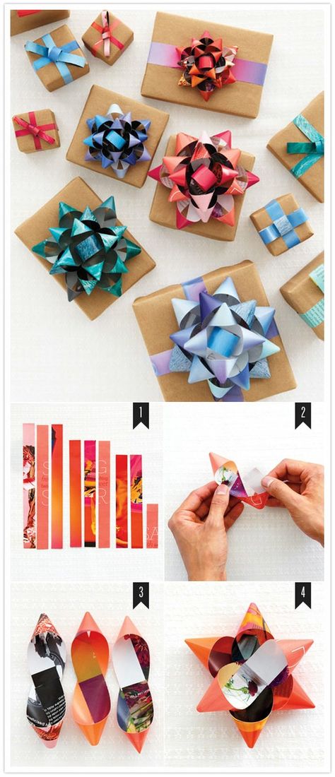 I may never buy bows again. How to make them out of a page of a magazine, or any colorful paper How To Make A Gift Bow, Gift Bows, Wrapping Ideas, E Card, Make A Gift, Crafty Craft, Diy Projects To Try, Hippie Style, How To Make Bows