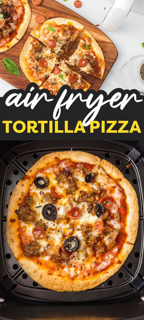 Air Fryer Tortilla Pizza | AirFried.com Air Fryer Tortilla Pizza Recipe, Airfryer Pizza Tortilla, Low Carb Tortilla Pizza Keto Air Fryer, Air Fryer Egg Tortilla, Airfryer Calzone, Air Fryer Mexican Pizza, Air Fryer Pizza Toast, Corn Tortillas In Air Fryer, Air Fryer Pizza Tortilla