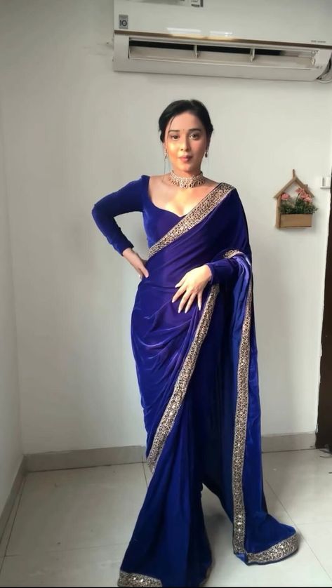 Royal Blue Saree, Heavy Saree, Velvet Saree, Full Sleeve Blouse, Bridesmaid Saree, Simple Sarees, Saree Designs Party Wear, Readymade Saree, Ready To Wear Saree