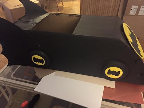 Batmobile out of cardboard my son and I made for Drive in night at Awana Trunker Treat Ideas, Cardboard Box Car, Batman Car, Batman Theme, Batman And Batgirl, House Dance, Treat Ideas, Box Car, Batgirl