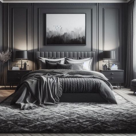 Black and Grey Bedroom Bedroom Ideas With Gray Furniture, Grey Bedroom Design Modern, Grey Contemporary Bedroom, Modern Queen Bedroom Ideas, All Grey Bedroom, Light Grey Bed Frame Bedroom Ideas, Charcoal Accent Wall Bedroom, Grey Cozy Bedroom, Dark Gray Walls Bedroom