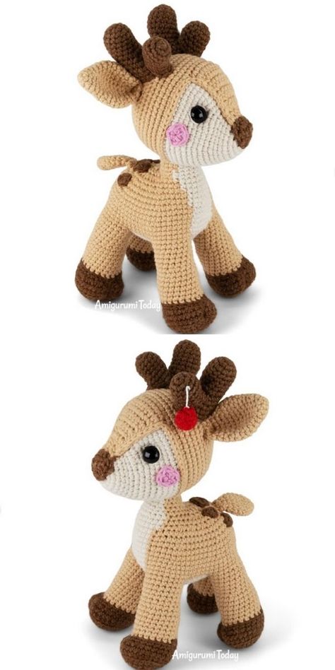 Holiday Crochet Deer Pattern Ideas. How adorable is this little crochet deer in the pictures below, right? It's made by amigurumi.today and it's the ultimate last - minute gift idea, you'll absolutely love how sweet it looks on your windowsill or in your kiddos room! It's ready to leave the forest life behind and spend its time with you!  #freecrochetpattern #amigurumi #deer Crochet Christmas Deer Free Pattern, Amigurumi Forest Animals Free, Dear Crochet Pattern Free, Deer Amigurumi Pattern, Bambi Crochet Pattern, Crocheted Deer Patterns, Reindeer Free Crochet Pattern, Bambi Crochet Pattern Free, Christmas Reindeer Crochet Pattern