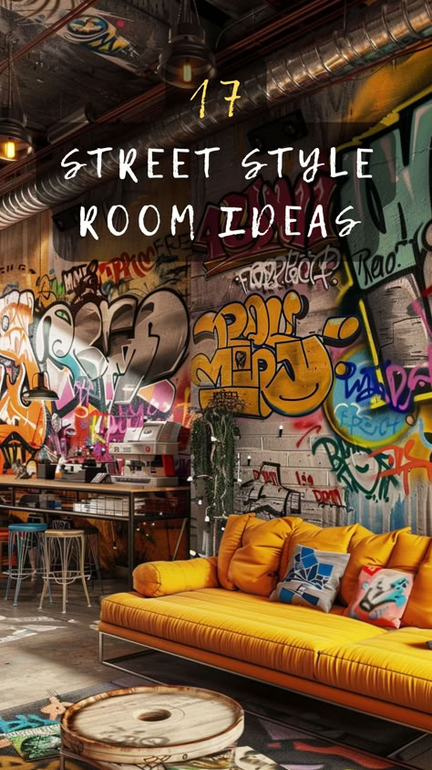 Unleash your room's urban cool! 🏙️🛋️ Click to explore 17 street-style room ideas that transform spaces into trendy havens. Get inspired now! #StreetStyleRoom #UrbanCool #RoomTransformation #TrendyHavens #SpaceElevation Street Themed Bedroom, Graffiti Decor Interior Design, Street Style Decor, Trailer Tattoo, Street Art Living Room, Graffiti Room Ideas, Street Art Room, Urban Living Room Ideas, Street Style Living Room