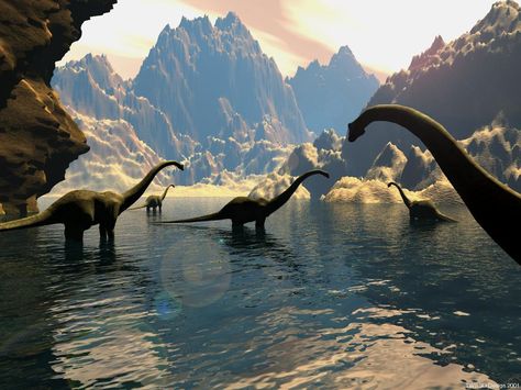 Sauropods Wading Wallpaper  ~ http://www.dinopit.com Free Animated Wallpaper, Dinosaur Age, Plastic Dinosaurs, Dinosaur Wallpaper, Dinosaur Pictures, Jurassic World Dinosaurs, The Good Dinosaur, Extinct Animals, Jurassic Park World