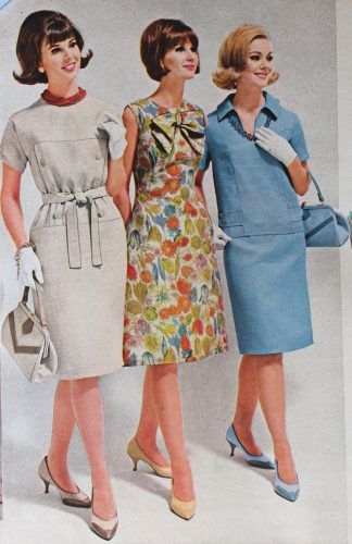 1964 transition dress with gloves, heels, and purses