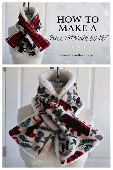 Fleece Infinity Scarf Diy, 1 Yard Fleece Projects, Button Scarf Sewing Pattern, Fabric Scarf Diy, Pull Through Scarf Pattern, Old Scarf Crafts Ideas, Fleece Scarves Diy, Fabric Scarf Pattern, Diy Neck Scarf