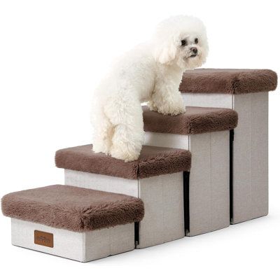 Each step has a useful storage space, perfect for storing pet toys, clothes, snacks and any other pet supplies and accessories you can think of. Each step of the ladder is less than 5 inches, especially more suitable for puppies and pets with knee injuries. NOTE: Be sure to check first whether the SIZE of the dog stairs is suitable for your needs. Tucker Murphy Pet™ Color: Brown | Tucker Murphy Pet™ Dog Storage Stairs for Bed white / in Brown | 17.71" H X 13" W X 33.07" D | Wayfair Stairs For Bed, Cat Ramp, Storage Stairs, Ramp Stairs, Dog Storage, Bed Stairs, Dog Stairs, Pet Stairs, Cat Steps