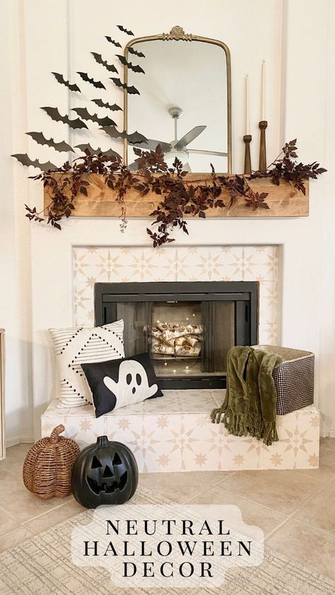 Sharing our Halloween Fireplace Mantel decor! We used neutral halloween decor in shades of plum and black. Paper black bats flying up the fireplace mantel with fall garland. Neutral Fall Fireplace Decor, Halloween Boho Decor, Fall Decor Fireplace Ideas, Vintage Style Vanity, Fall House Decorations, Halloween Fireplace Decor, Fall Fireplace Decor Mantles, Neutral Halloween Decor, Samhain Decorations