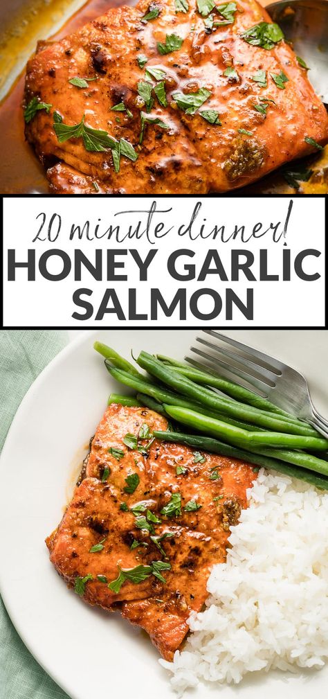 Tender salmon coated in an irresistible, 4-ingredient, sweet and savory sauce. This honey garlic salmon comes together in less than 20 minutes and will be your new favorite healthy ultra-fast meal. Honey Garlic Salmon, Garlic Salmon, Salmon Seasoning, Healthy Salmon, Salmon Dinner, Savory Sauce, Cooking Salmon, Idee Pasto Sano, Honey Garlic