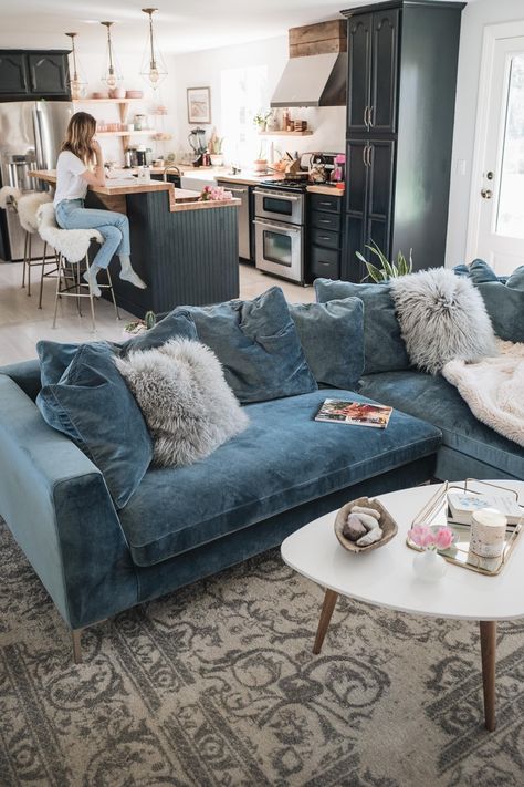 Living Room Reveal, Living Room Renovation, Rove Concepts, Blue Couches, Hus Inspiration, Room Renovation, Velvet Sofa, A Living Room, Design Case