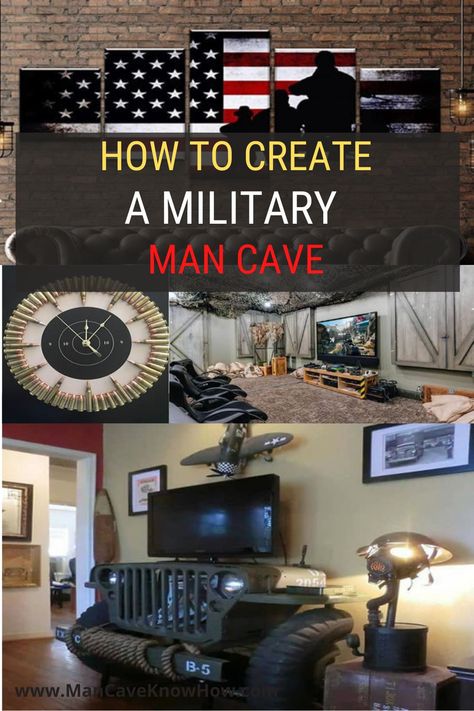 Don't sit on the sideline, take on the battle. Here are some awesome ways to create a military man cave. #mancave #militarymancave #militarymancaveideas Unique Man Cave Ideas, Military Room Ideas, Military Office Decor Ideas, Military Decorating Ideas, Man Cave Ideas Room, Country Man Cave, Small Man Cave Ideas, Military Office Decor, Military Housing Decorating