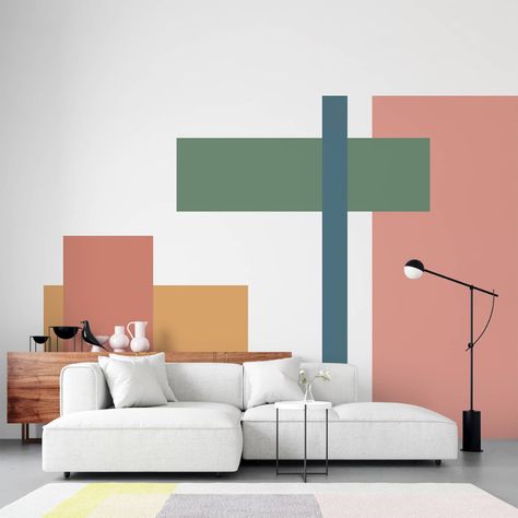 You Only Need Water To Install This Abstract Wall Art Painted Shapes On Wall Bedroom, Geometric Shapes Wall Paint, Paint Shapes On Wall, Accent Wall Geometric Design, Painting Shapes On Walls, Kitchen Snug, Colour Blocking Interior, Geometric Mural, Geometric Wall Mural