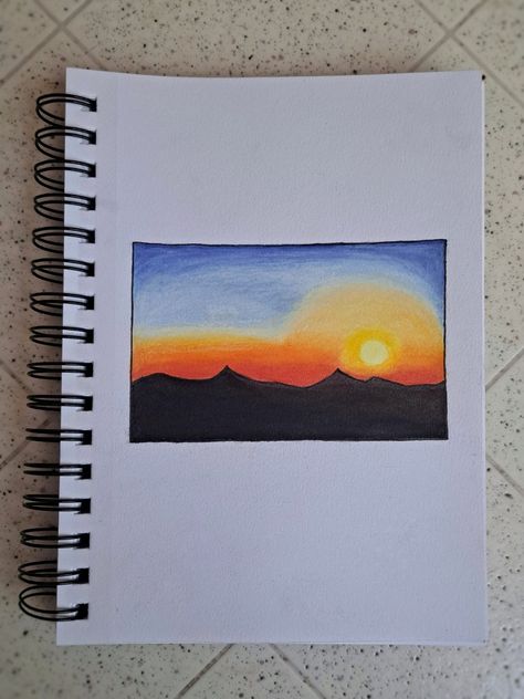 Mountain Sunset Colored Pencil Drawing Sunset Colored Pencil Drawing, Mountain Sunset Drawing, Sunset Colored Pencil, Draw Sunset, Sunrise Drawing, Sunset Drawing, Art Ho, Mountain Drawing, Purple Sunset