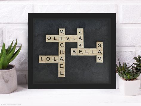 Scrabble Tile Family Names, Family Picture Frame, Scrabble Wall Art, Scrabble Frame, Scrabble Wall, Family Picture Frames, Art Alphabet, Personalised Gifts Handmade, Anniversary Sign