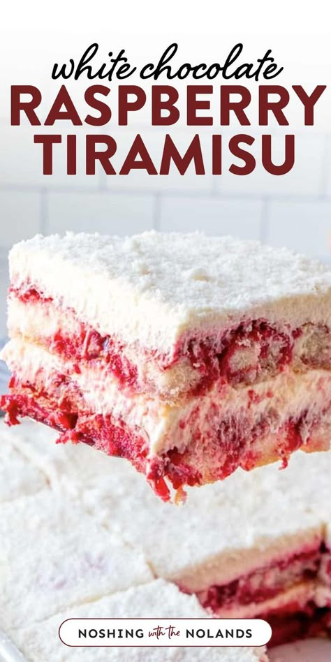 Taking a slice of White Chocolate Raspberry Tiramisu. Easter Raspberry Dessert, Tiramisu Recipe Trifle, Recipes For Tiramisu, Raspberry Tirimasu Recipes, Easy Italian Deserts, Raspberry White Chocolate Desserts, White Chocolate Raspberry Tiramisu, Tiramisu Dessert Ideas, White Chocolate Raspberry Desserts