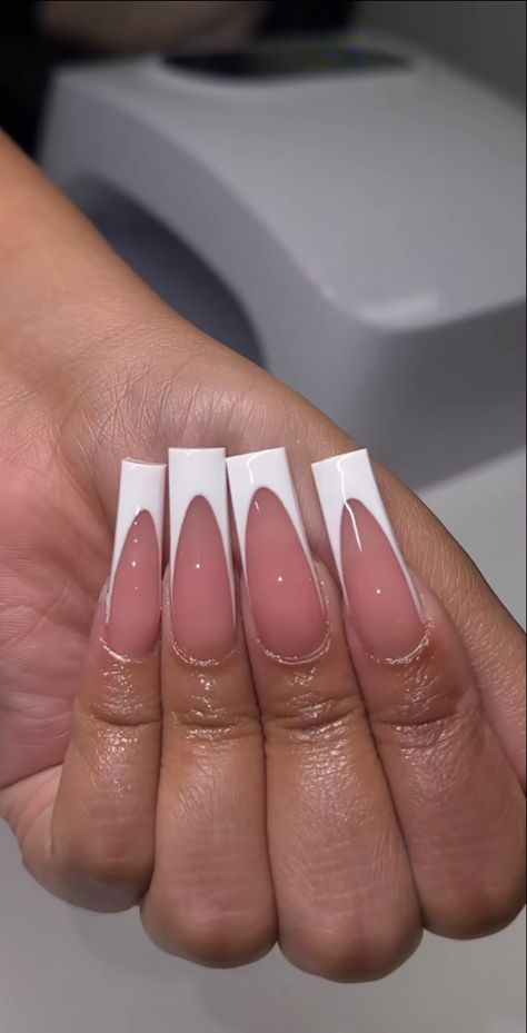 Med Length Cute Nails, Medium French Acrylic Nails, Taper Square French Tip, Basic French Tip Acrylic Nails, Simple Nail Ideas Medium Length, French Full Set Nails Acrylics, Frenchies Nails Long, Acrylic Nails Tapered Square Medium, Med French Tip Nails