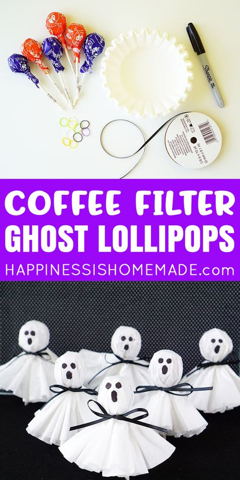 Halloween Treats For School Goodie Bags, Halloween Diy Class Treats, Kids School Halloween Party Treats, Lollipop Halloween Treats, Coffee Filter Lollipop Ghosts, Goodie Bag Halloween, Sucker Ghost Craft, Easy Preschool Halloween Treats, Prek Halloween Goodie Bags