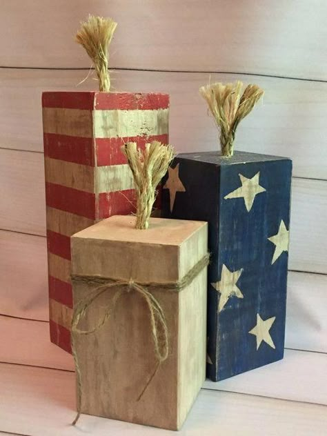 The Cutest 4x4 Firecracker Wood Block Project Ideas | Roost + Restore 4x4 Crafts, 4x4 Wood Crafts, Americana Crafts, Wood Block Crafts, 4th July Crafts, Fourth Of July Decor, Block Craft, American Flags, Patriotic Crafts