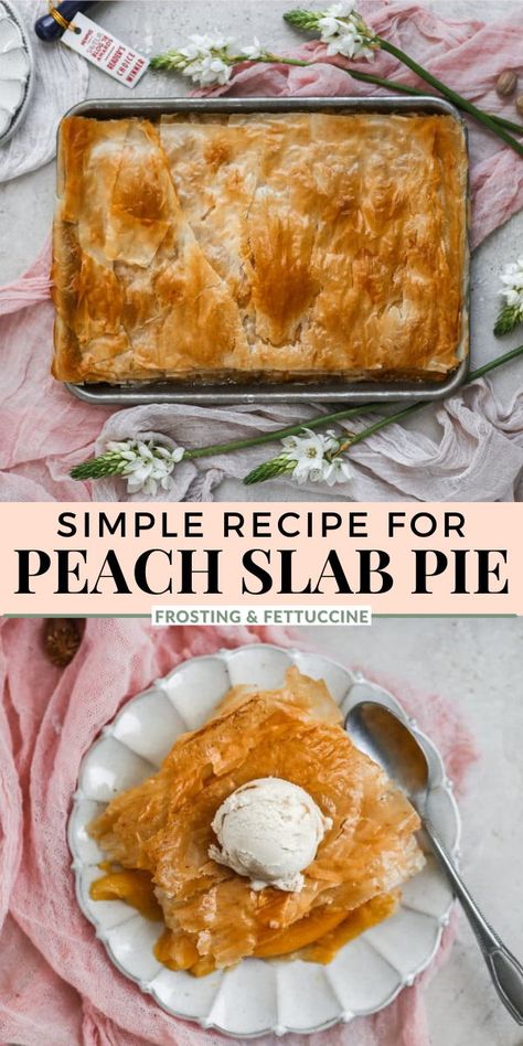 This easy baking sheet peach slab pie has a delicious combo of nutmeg and vanilla added in so that it is the perfect dairy free pie to make in the winter or summer! It's semi homemade with store bought filo dough and can even be made with frozen peaches. Making it an easy summer dessert anyone can make. Make it today! #SheetPanPie #SemiHomemade #FrostingandFettuccine #falldessert Peach Sheet Pan Pie, Sheet Pan Pies Easy, Frozen Peach Pie Recipes, Peach Cobbler With Puff Pastry Crust, Easy Peach Pie With Fresh Peaches, Peach Pie From Frozen Peaches, Fresh Peach Puff Pastry Desserts, Peach Pie Recipes Frozen Peaches, Frozen Peach Pie