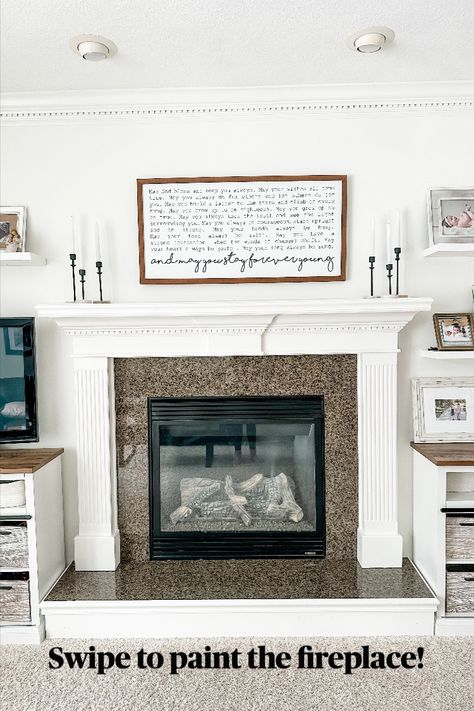 Learn how to paint a granite fireplace surround with chalk paint. It's a super simple quick fix that can be done in a day. Read more on the blog! Heat Safe Paint For Fireplace, How To Paint Granite Fireplace, Cover Granite Fireplace, Tile Over Granite Fireplace Surround, Paint Marble Fireplace Surround, Painted Granite Fireplace, Painting Granite Fireplace, Paint Granite Fireplace, Fireplace Granite Surround