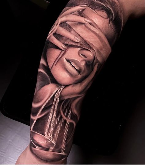 Libra Goddess Tattoo Lady Justice, Lady Justice Tattoo Sleeve, Justice Scales Tattoo, Themis Goddess Tattoo, Justice Tattoo Men, Blindfolded Woman Tattoo, Blind Justice Tattoo, Goddess Of Justice Tattoo, Themis Tattoo