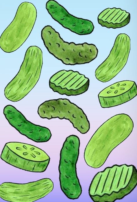 Cartoon Pickle Drawing, Pickle Drawings Easy, Pickle Aesthetic Wallpaper, How To Draw A Pickle, Pickle Watercolor, Pickles Painting, Pickle Drawings, Pickles Drawing, Pickle Background