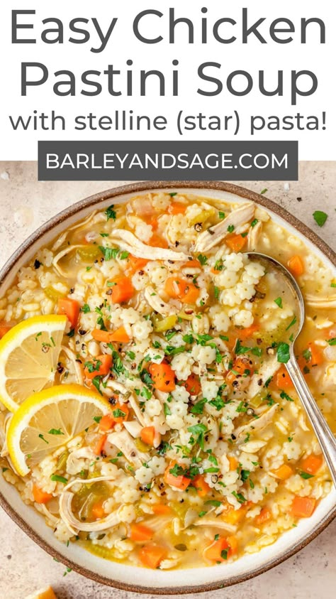 Star Chicken Noodle Soup, Chicken Star Noodle Soup, Pastina Chicken Broth, Pastina Chicken Noodle Soup, Pastina Chicken Soup Recipes, Stelline Chicken Noodle Soup, Chicken Noodle Soup Pastina, Chicken Soup With Ditalini Pasta, Crockpot Pastina Soup