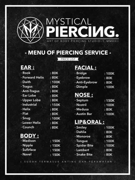 Piercing Salon Design, Piercing Price List, Austin Piercing, Piercing Shop Aesthetic, Piercing Studio Ideas, Piercer Job Aesthetic, Body Piercing Chart, Piercing Decoration, Anti Eyebrow