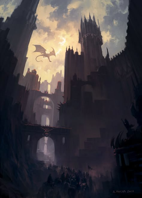 Dragon's Pass, Andreas Rocha on ArtStation at https://www.artstation.com/artwork/eve5D 다크 판타지, Fantasy City, Fantasy Castle, Fantasy Setting, Fantasy Places, A Castle, Fantasy Art Landscapes, Fantasy Aesthetic, Fantasy Dragon