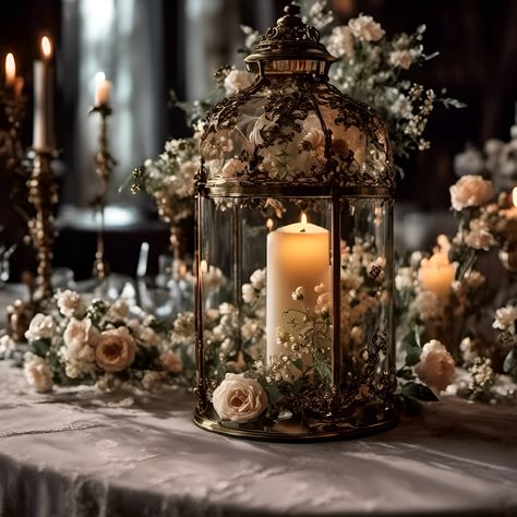 Lantern And Flower Centerpieces Wedding, 1920s Wedding Centerpieces, Candelabra Wedding Decor, Fall Garden Wedding Decor, Flowers In Lanterns, Whimsical Wedding Decorations Receptions, Secret Garden Tablescape, Victorian Style Wedding Decorations, Victorian Romantic Aesthetic