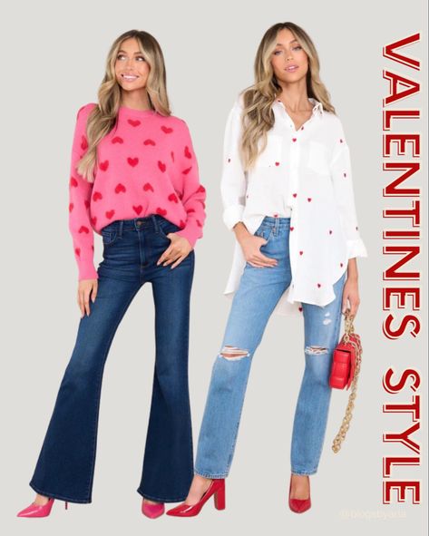 Valentines outfit ideas ♥️ red and pink heart sweater with dark flare jeans. White button down shirt with red hearts paired with distressed straight jeans Follow my shop @BlogsbyAria on the @shop.LTK app to shop this post and get my exclusive app-only content! #liketkit #LTKstyletip #LTKSeasonal #LTKFind @shop.ltk https://liketk.it/3YLZm Valentines Outfit Ideas, Pink Heart Sweater, Outfit Ideas Red, Dark Flare Jeans, Uni Fits, Valentines Outfit, Special Place In My Heart, White Button Down Shirt, Heart Sweater