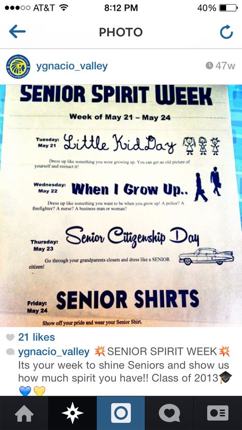 Senior spirit week #2016! Senior Week Dress Up Days, Senior Spirit Week Ideas High Schools, Senior Week Outfits, Senior Dress Up Day Ideas, Senior Week Activities, Senior Year Spirit Week, Senior Week Ideas High School, Hollywood Spirit Week Ideas, Senior Week Themes