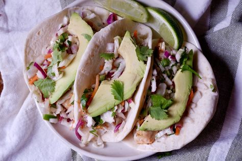 These Air Fryer Fish Tacos are a quick, easy, flavor-packed meal that's perfect for lunch or dinner! Ww Fish Tacos, Fish Tacos In Air Fryer, Air Fried Cod Fish Tacos, Ww Fish Tacos Weight Watcher Recipes, 15 Minute Air Fryer Fish Tacos, Lime Aioli, Air Fried Fish, Air Fryer Fish, Peach Salsa