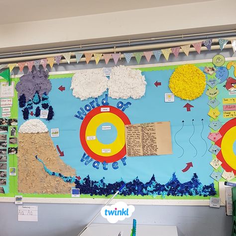 Water Theme Bulletin Board, Water Cycle Bulletin Board Ideas, Water Cycle Bulletin Board, Geography Display Secondary, Earth's Atmosphere Layers, Weather Bulletin Board, Geography Lesson Plans, Preschool Charts, Science Room